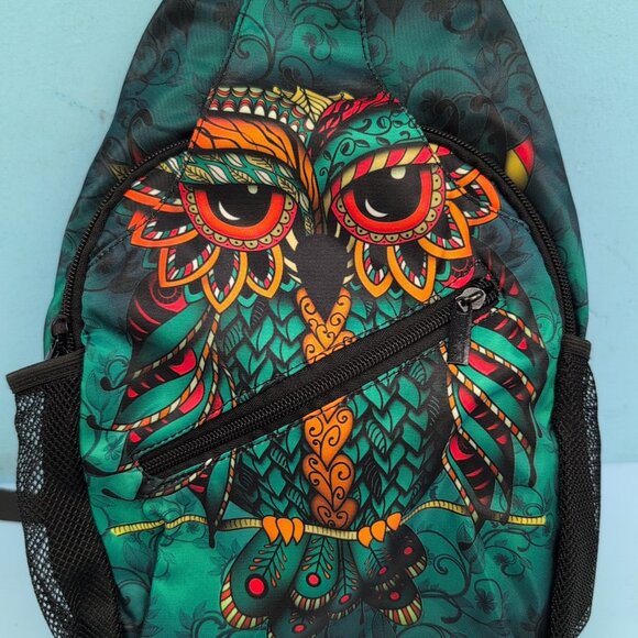 Owl Sling Bag Casual Shoulder Crossbody Travel Daypack Mesh Pocket Backpack Teal - Picture 4 of 9